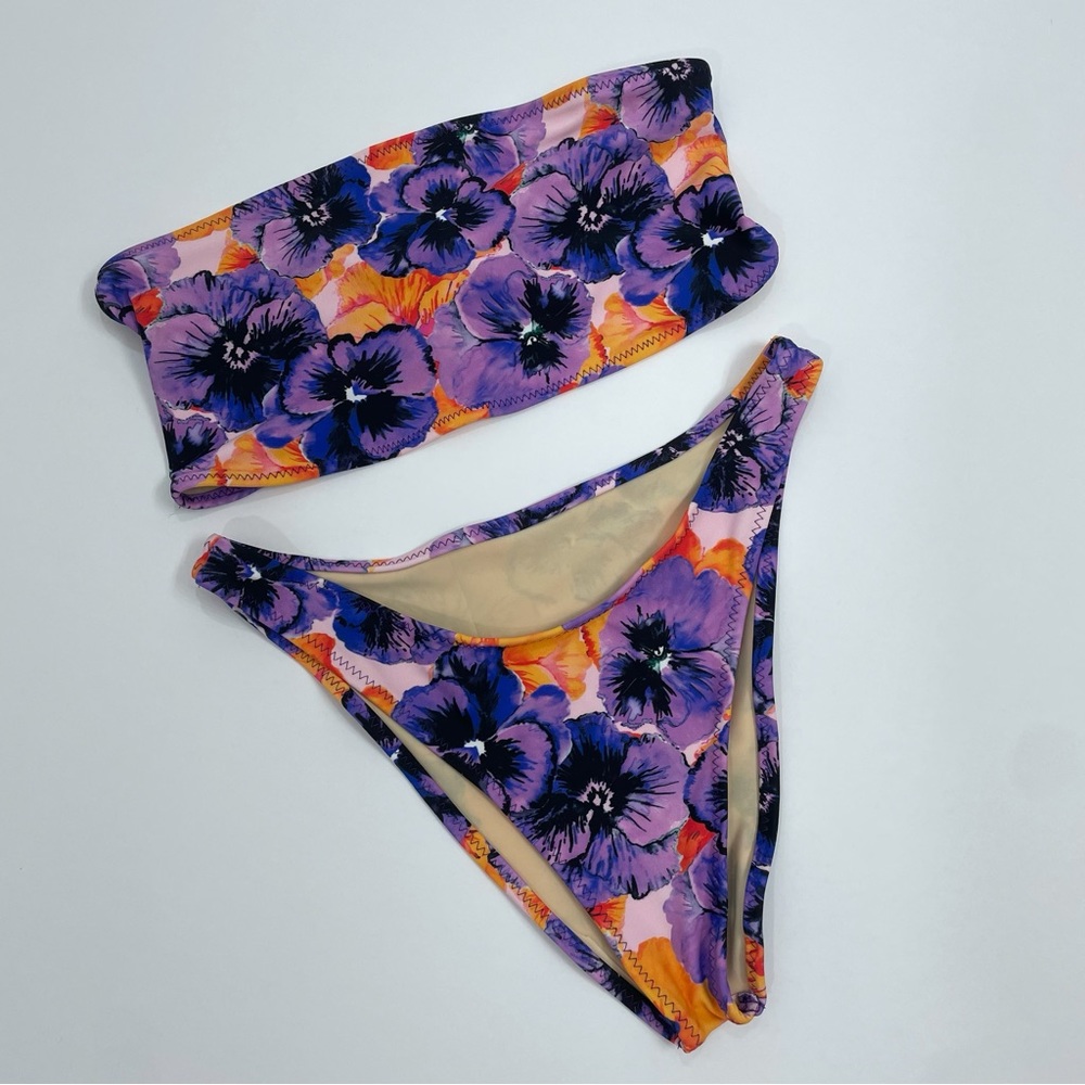 Purple & neon orange floral cheeky bikini